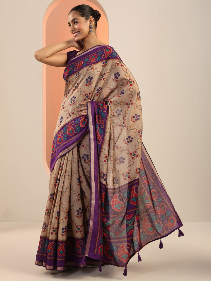 Beige Printed Cotton Saree With Unstitched Blouse Piece
