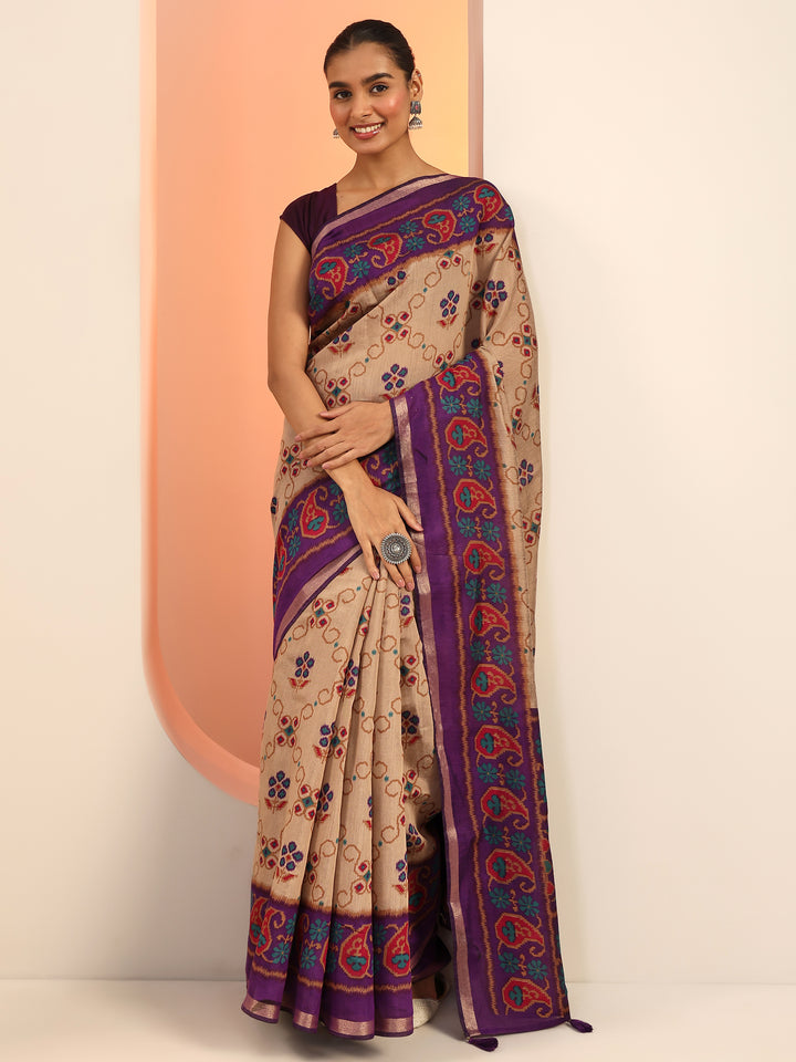 Beige Printed Cotton Saree With Unstitched Blouse Piece