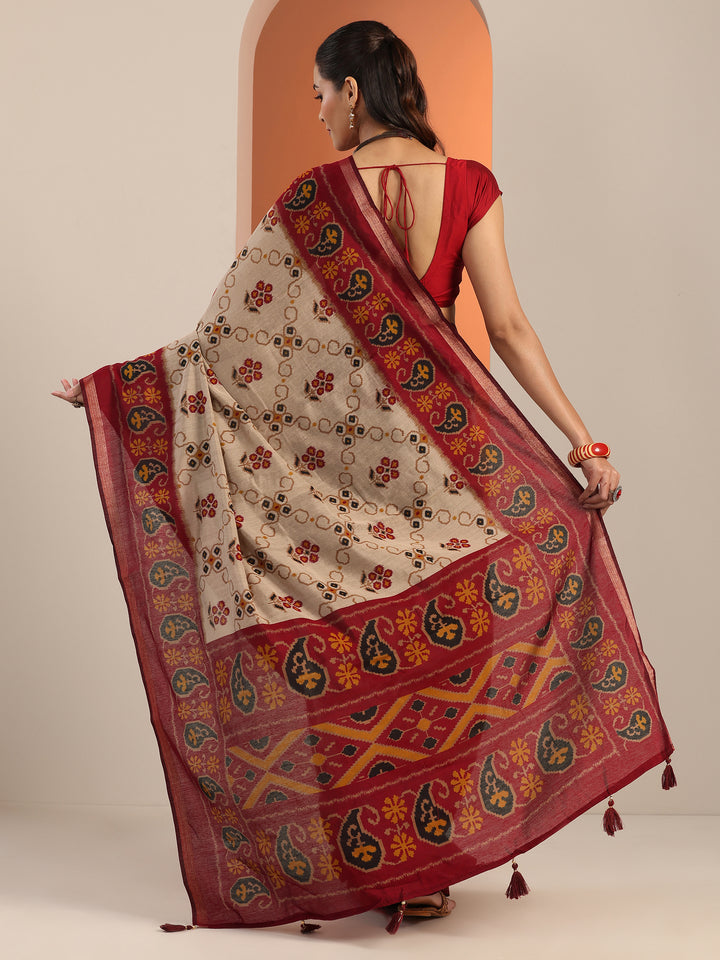 Beige Printed Cotton Blend Saree With Unstitched Blouse Piece