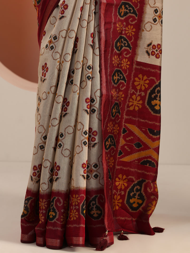 Beige Printed Cotton Blend Saree With Unstitched Blouse Piece