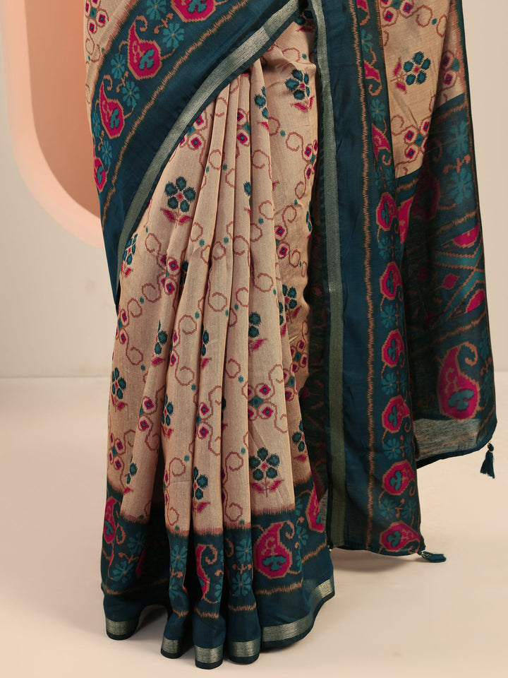 Beige Printed Cotton Saree With Unstitched Blouse Piece