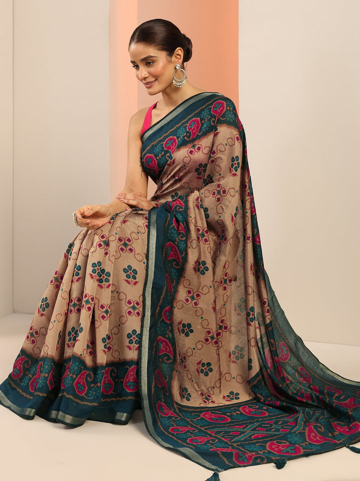 Beige Printed Cotton Saree With Unstitched Blouse Piece