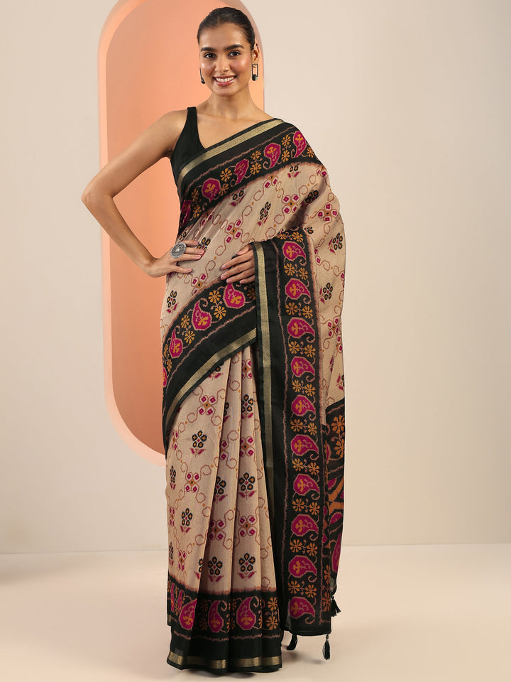 Beige Printed Cotton Saree With Unstitched Blouse Piece