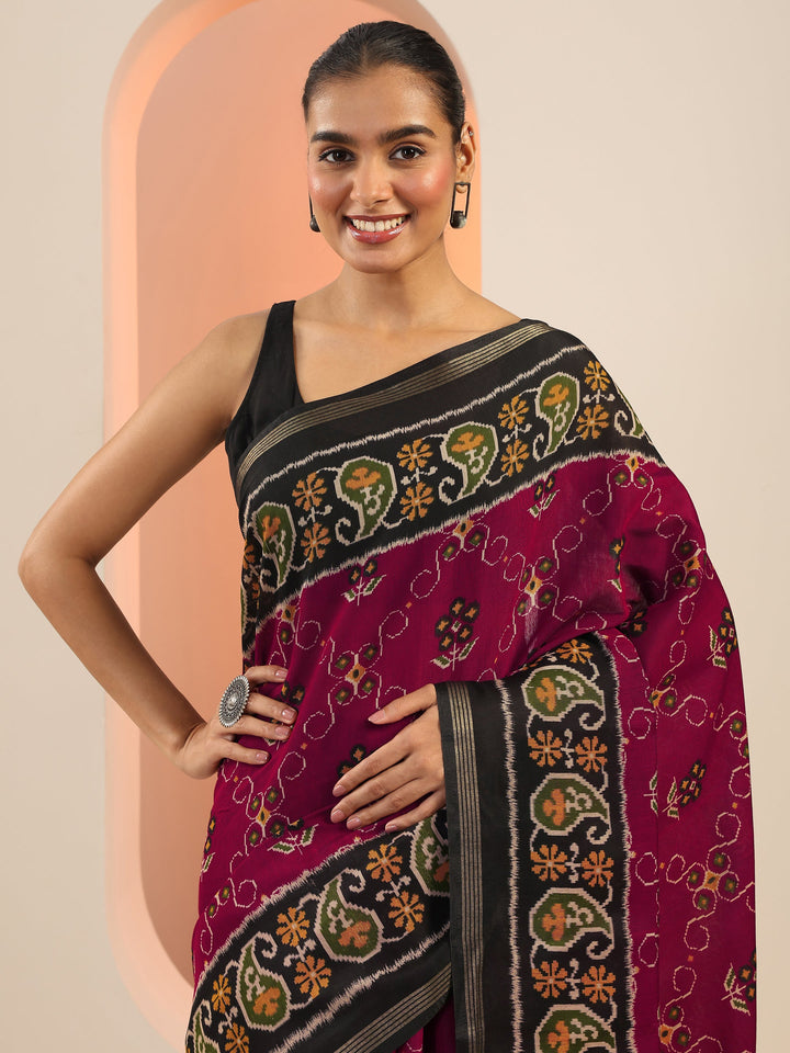 Maroon Printed Cotton Saree With Unstitched Blouse Piece