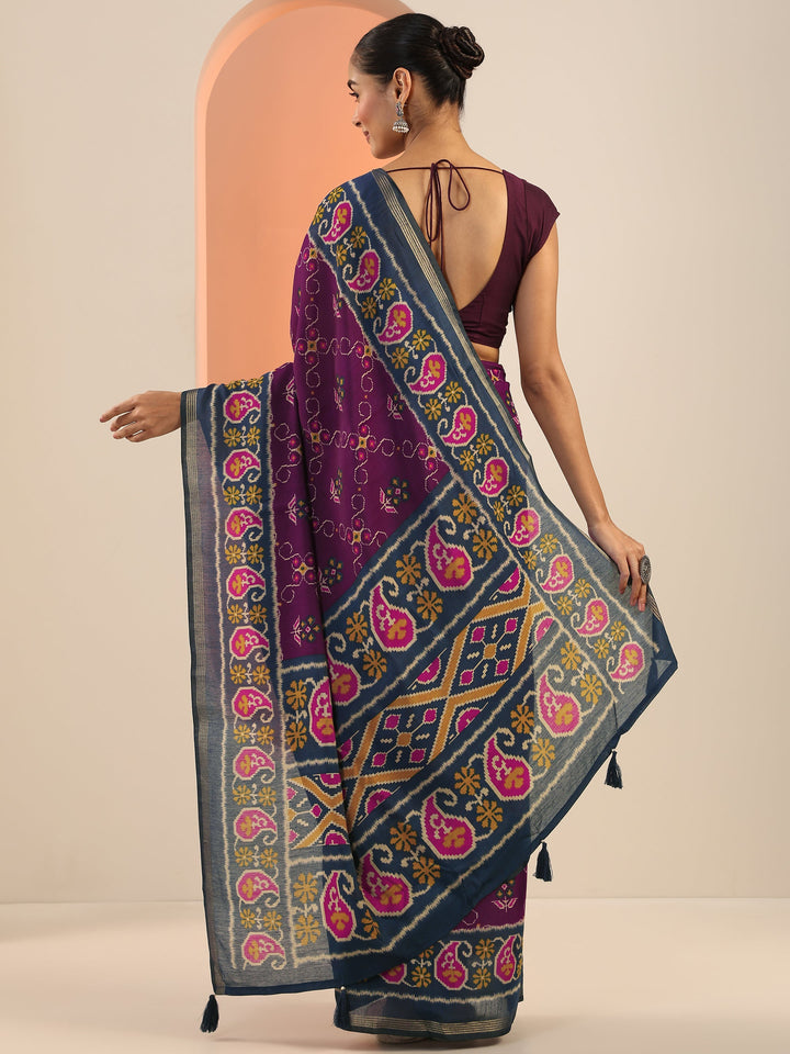 Purple Printed Cotton Saree With Unstitched Blouse Piece