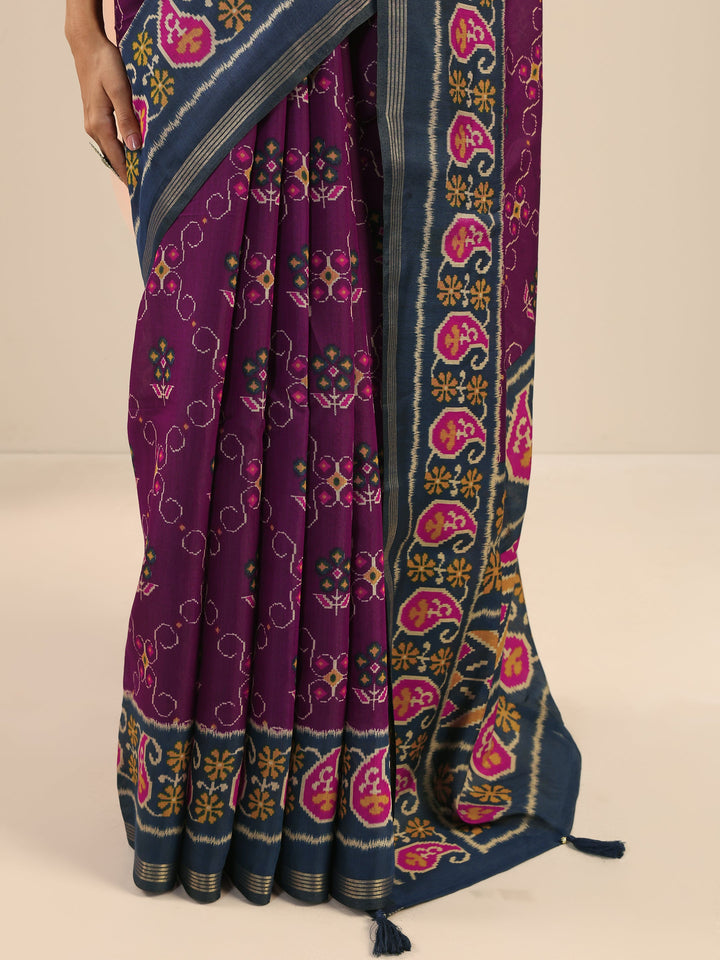 Purple Printed Cotton Saree With Unstitched Blouse Piece