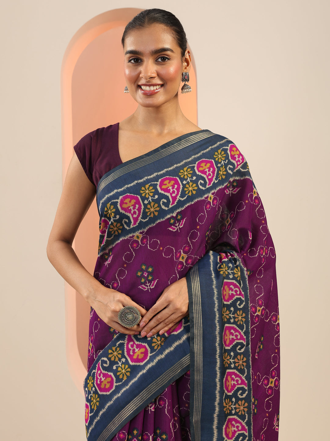 Purple Printed Cotton Saree With Unstitched Blouse Piece