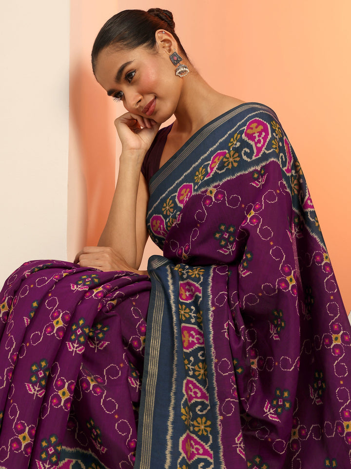 Purple Printed Cotton Saree With Unstitched Blouse Piece