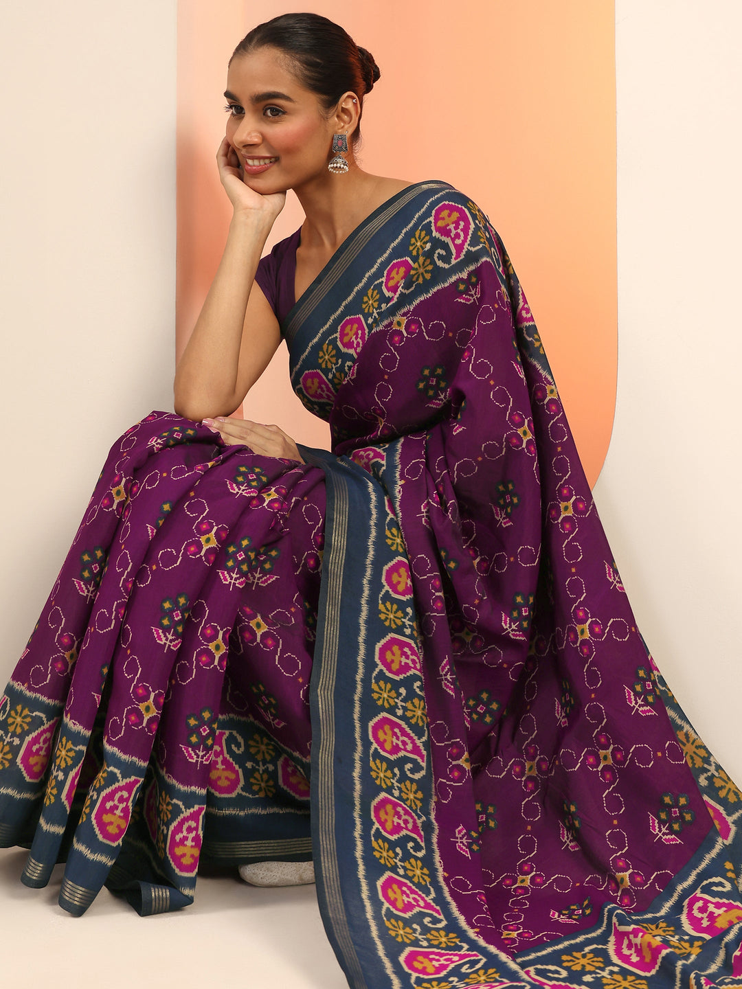 Purple Printed Cotton Saree With Unstitched Blouse Piece