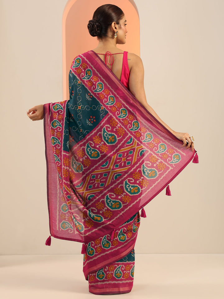 Teal Printed Cotton Saree With Unstitched Blouse Piece