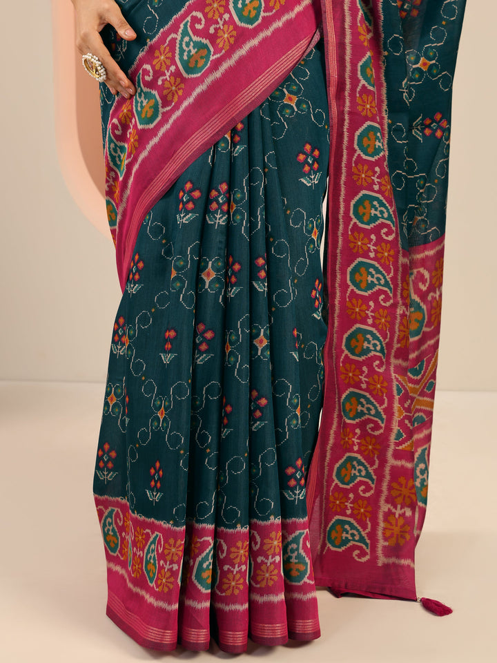 Teal Printed Cotton Saree With Unstitched Blouse Piece