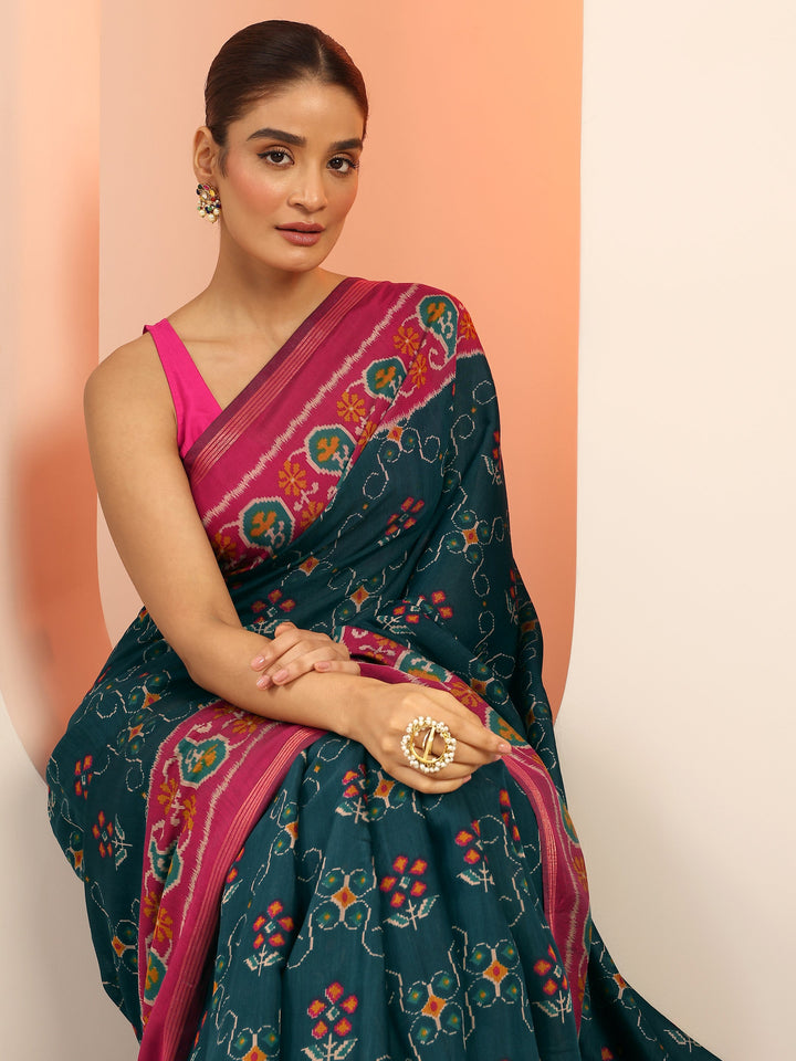 Teal Printed Cotton Saree With Unstitched Blouse Piece