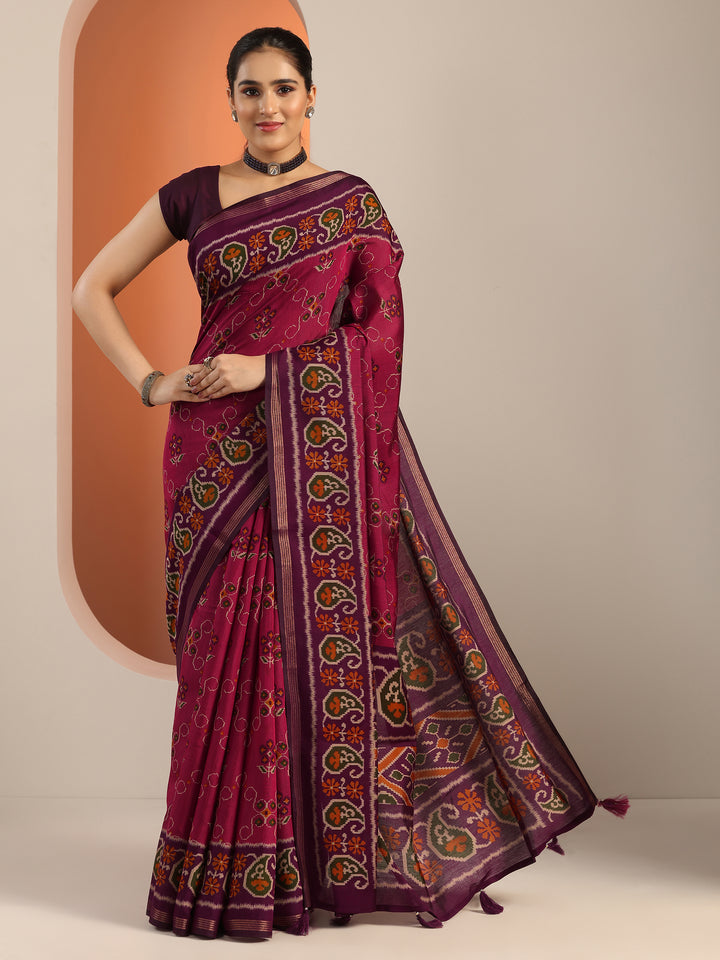 Pink Printed Cotton Blend Saree With Unstitched Blouse Piece