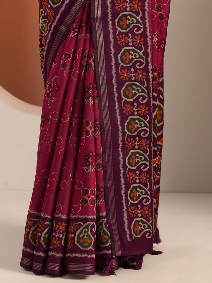 Pink Printed Cotton Blend Saree With Unstitched Blouse Piece