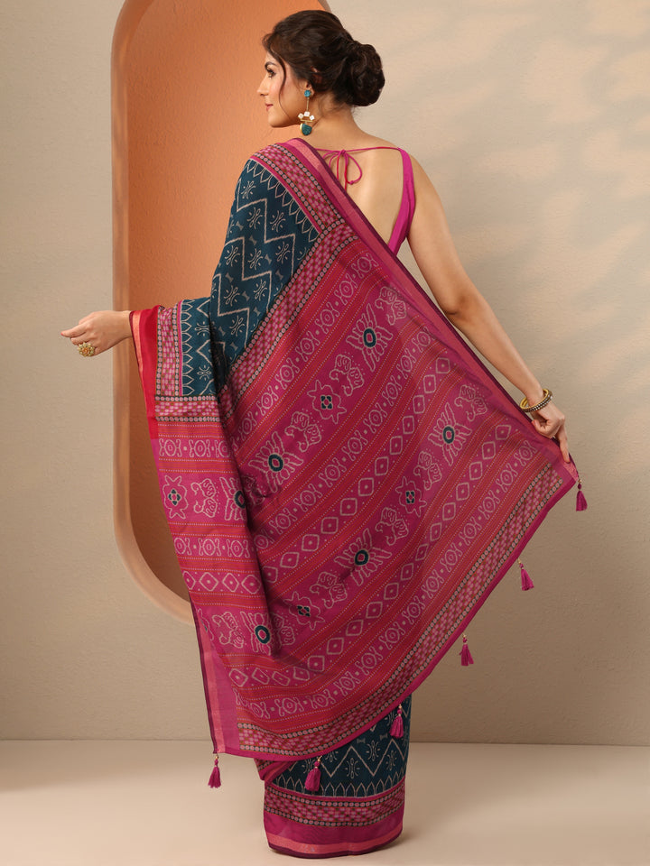 Teal Printed Cotton Blend Saree With Unstitched Blouse Piece