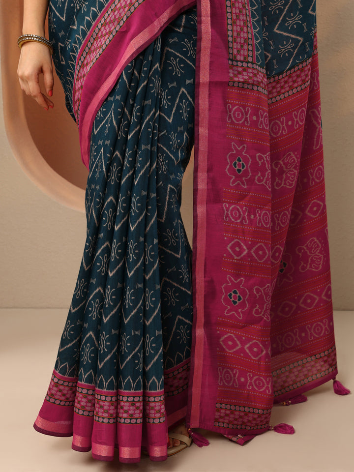 Teal Printed Cotton Blend Saree With Unstitched Blouse Piece