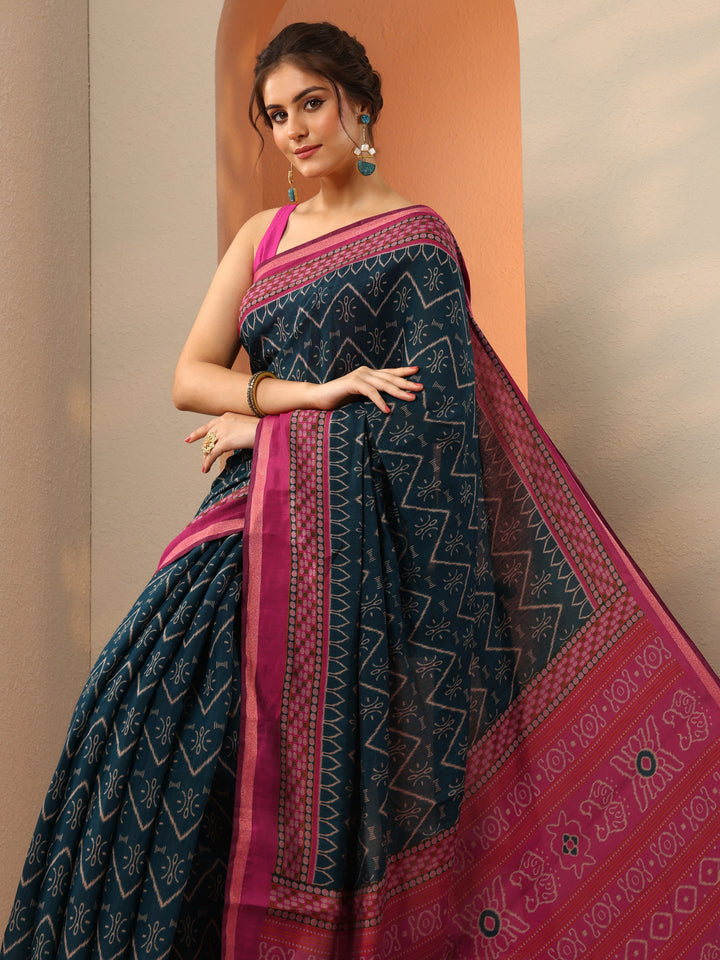 Teal Printed Cotton Blend Saree With Unstitched Blouse Piece