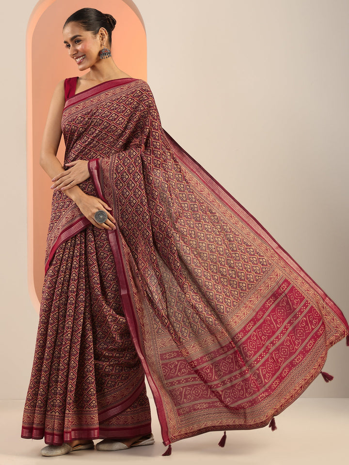 Maroon Printed Cotton Saree With Unstitched Blouse Piece