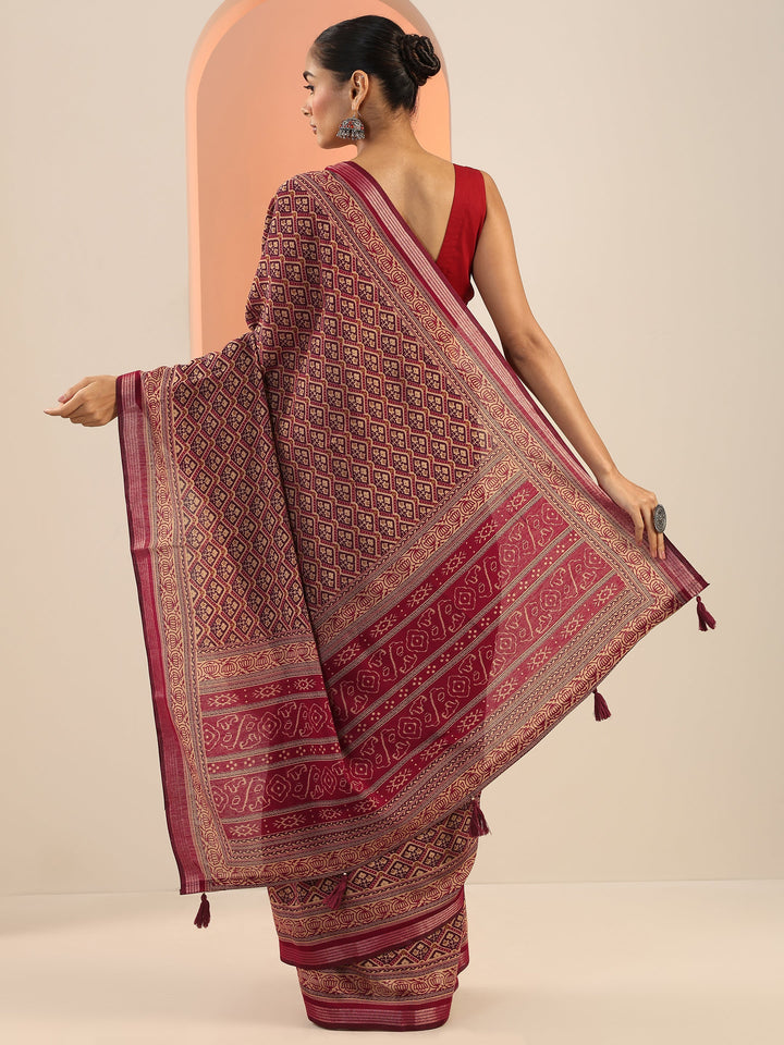 Maroon Printed Cotton Saree With Unstitched Blouse Piece