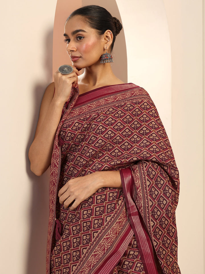 Maroon Printed Cotton Saree With Unstitched Blouse Piece