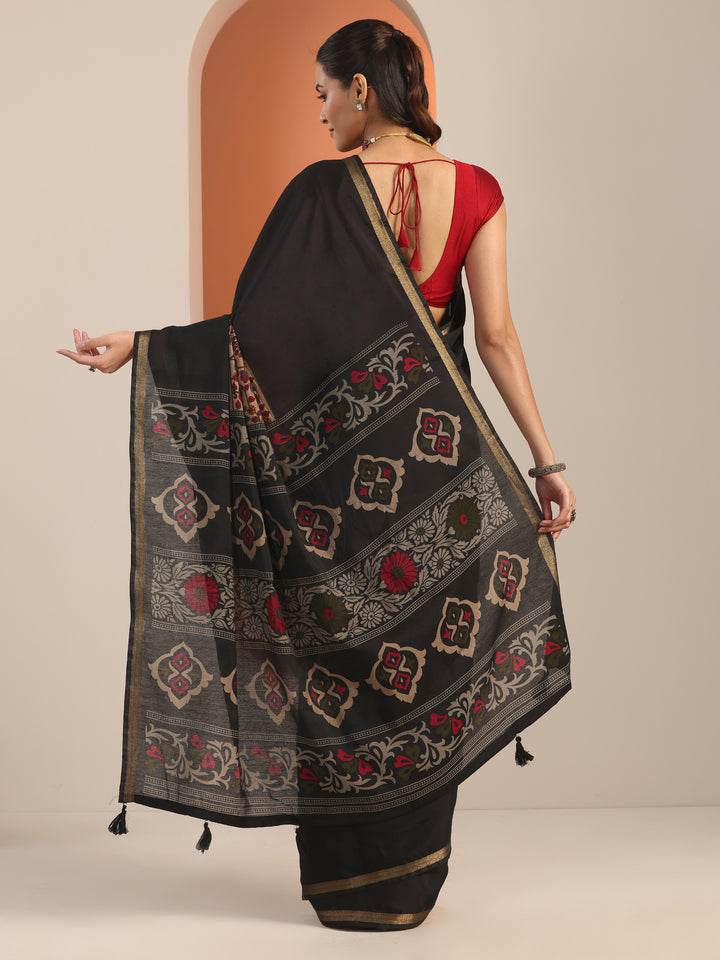 Black Printed Cotton Blend Saree With Unstitched Blouse Piece