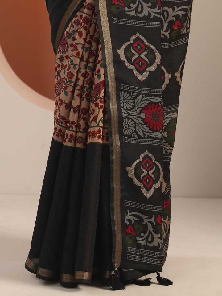 Black Printed Cotton Blend Saree With Unstitched Blouse Piece