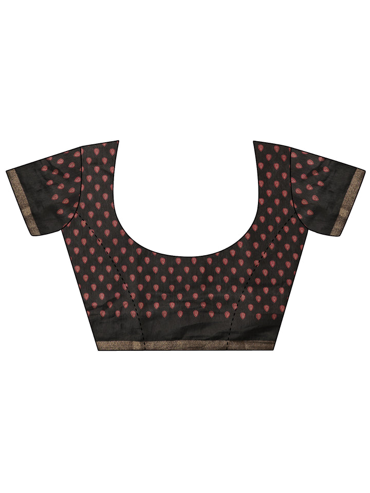 Black Printed Cotton Blend Saree With Unstitched Blouse Piece