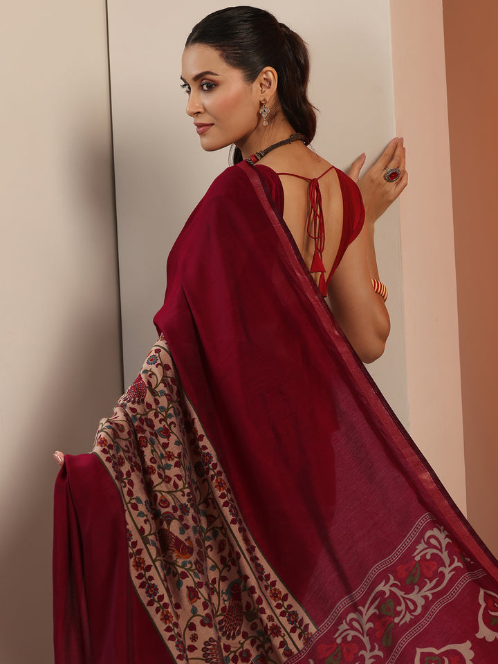 Maroon Printed Cotton Blend Saree With Unstitched Blouse Piece
