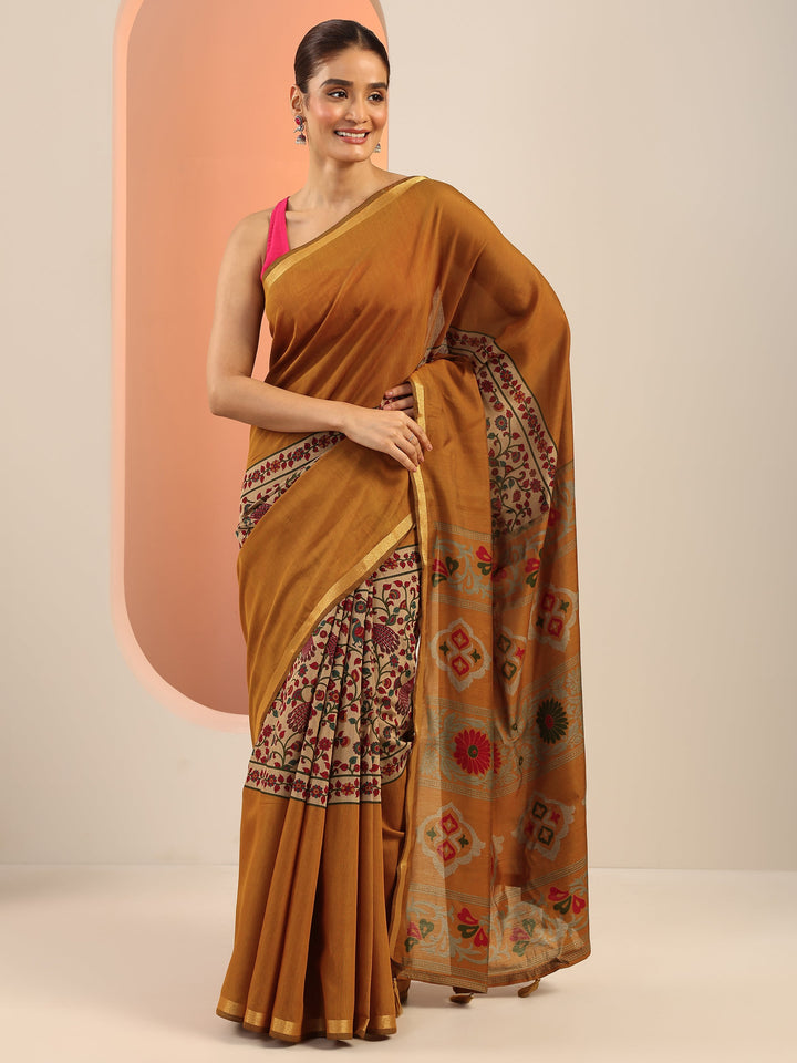 Mustard Printed Cotton Saree With Unstitched Blouse Piece
