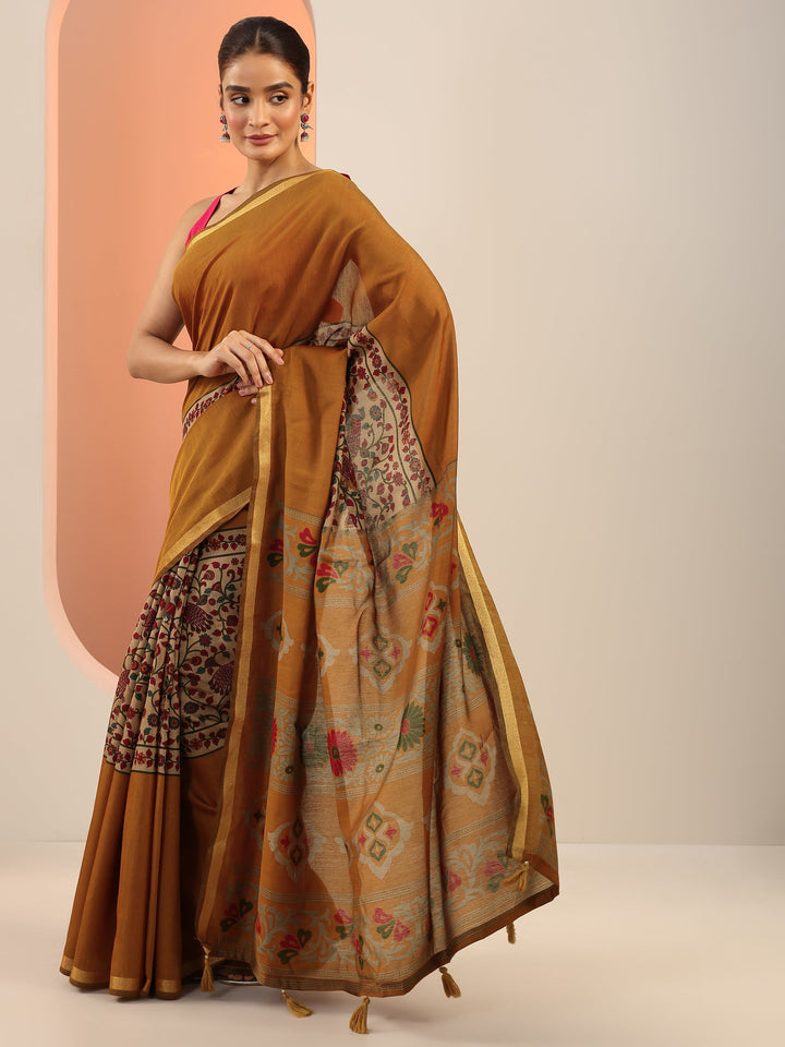 Mustard Printed Cotton Saree With Unstitched Blouse Piece