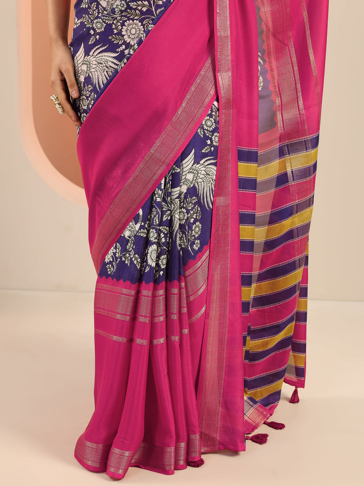 Purple Printed Crepe Saree With Unstitched Blouse Piece