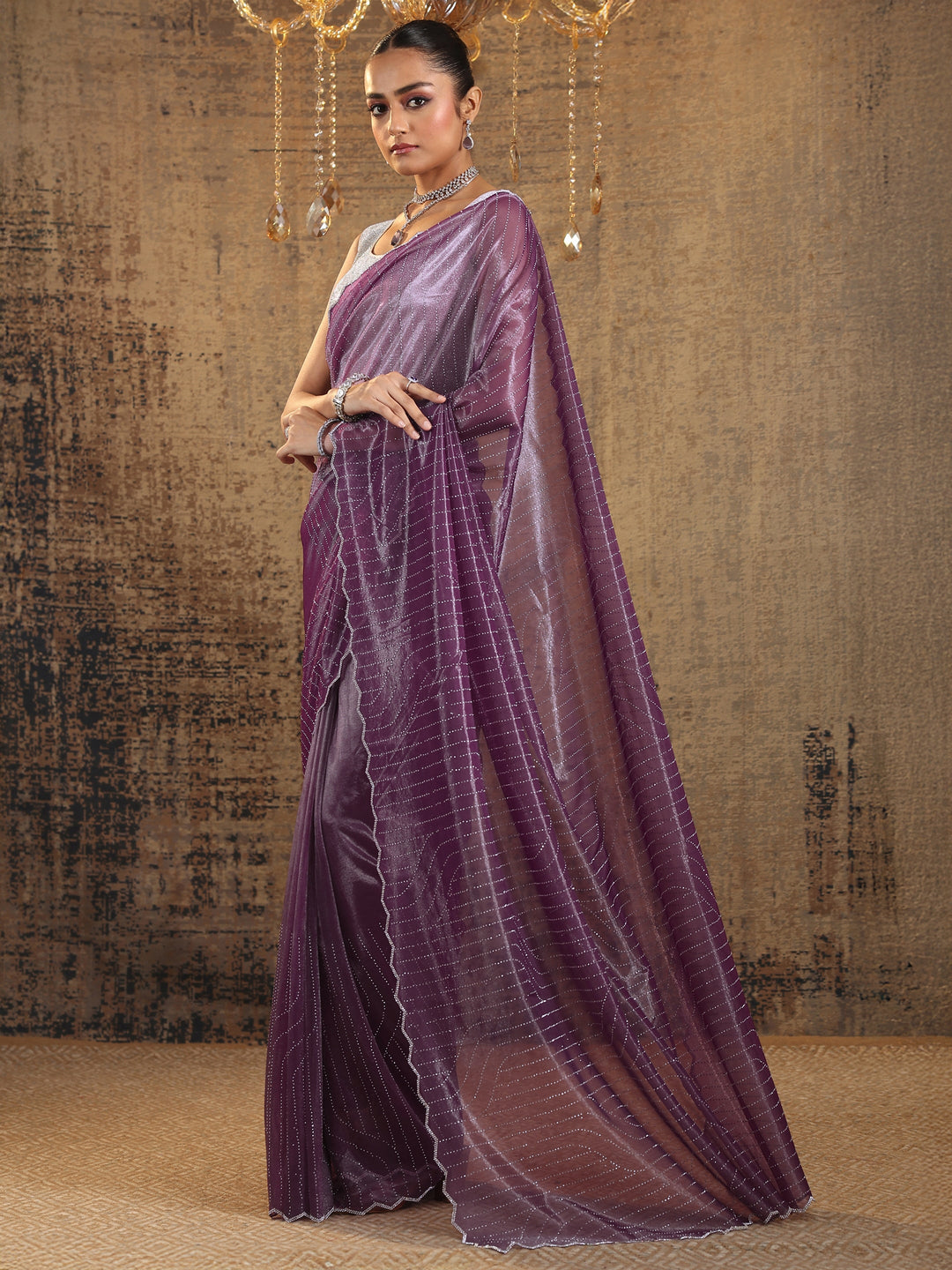 Purple Embellished Organza Saree With Unstitched Blouse Piece
