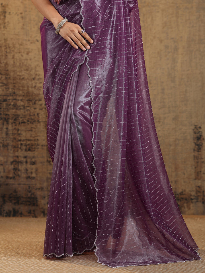 Purple Embellished Organza Saree With Unstitched Blouse Piece