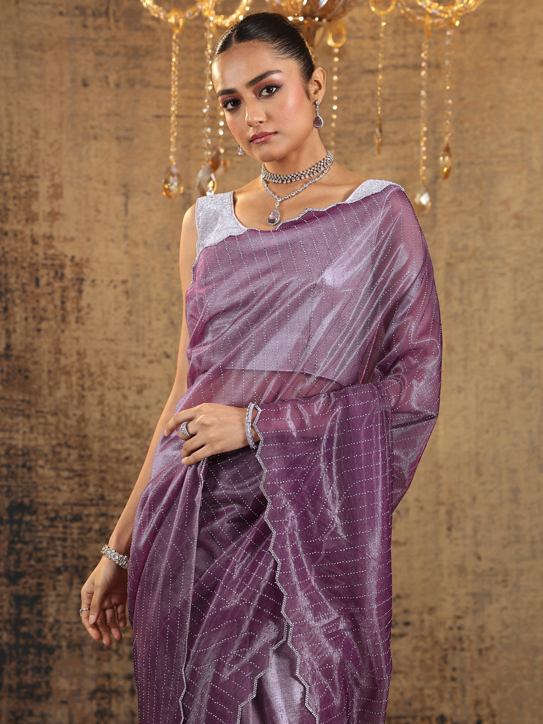 Purple Embellished Organza Saree With Unstitched Blouse Piece