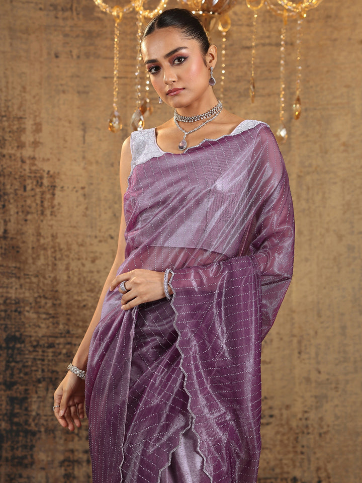 Purple Embellished Organza Saree With Unstitched Blouse Piece