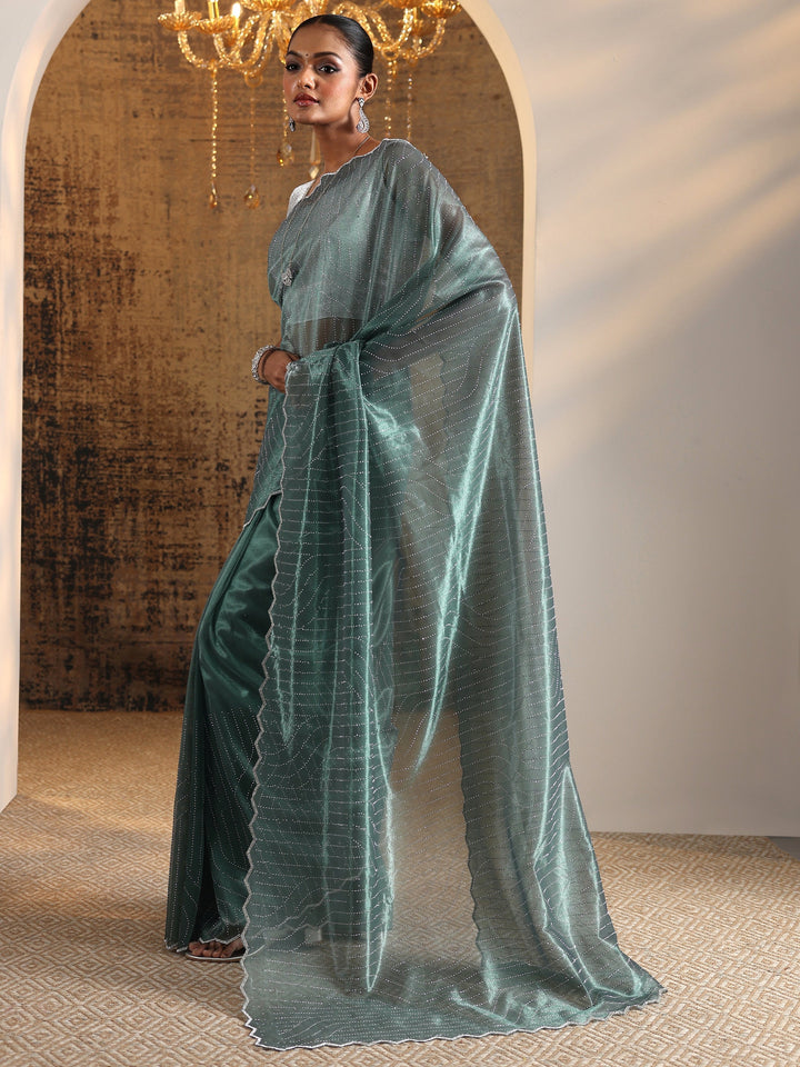 Green Embellished Jimmy Choo Organza Saree With Unstitched Blouse Piece