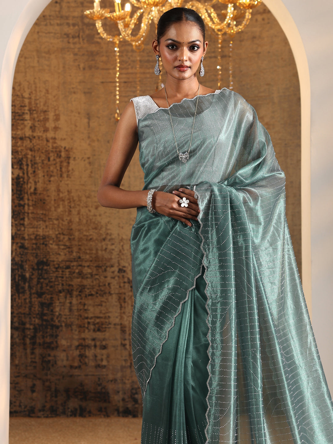 Green Embellished Jimmy Choo Organza Saree With Unstitched Blouse Piece