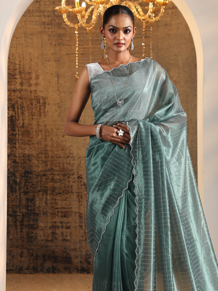 Green Embellished Jimmy Choo Organza Saree With Unstitched Blouse Piece