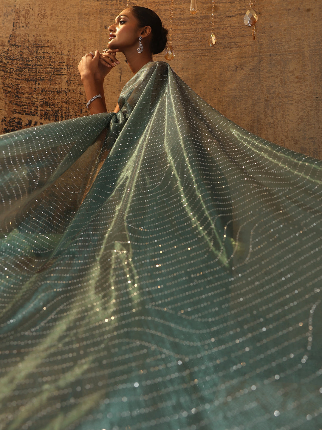 Green Embellished Jimmy Choo Organza Saree With Unstitched Blouse Piece