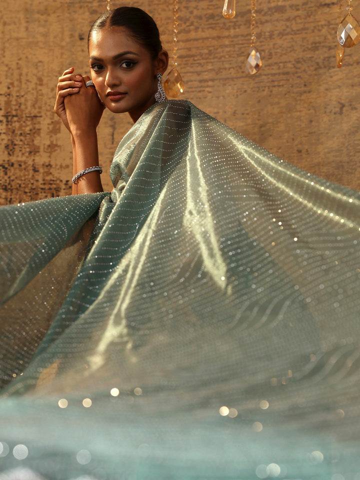 Green Embellished Jimmy Choo Organza Saree With Unstitched Blouse Piece