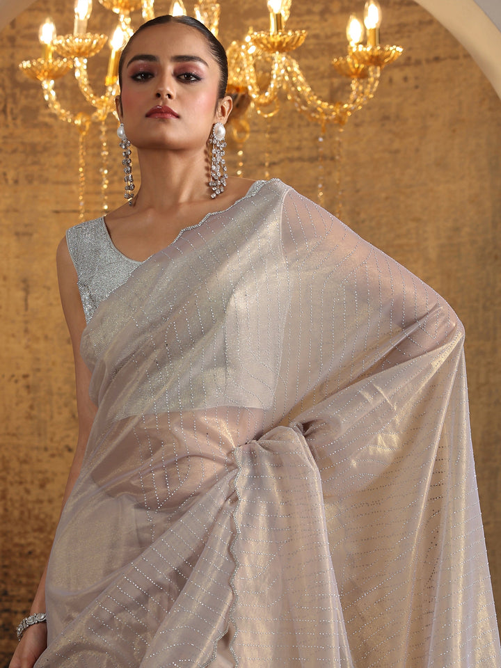 Mauve Embellished Organza Saree With Unstitched Blouse Piece