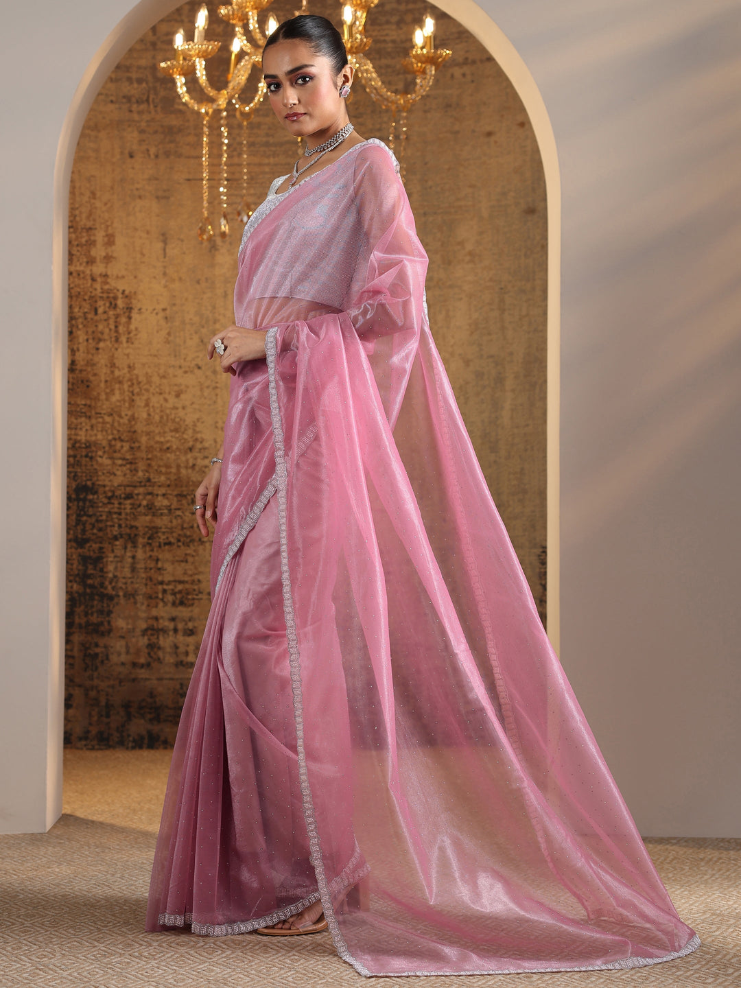Pink Embellished Organza Saree With Unstitched Blouse Piece