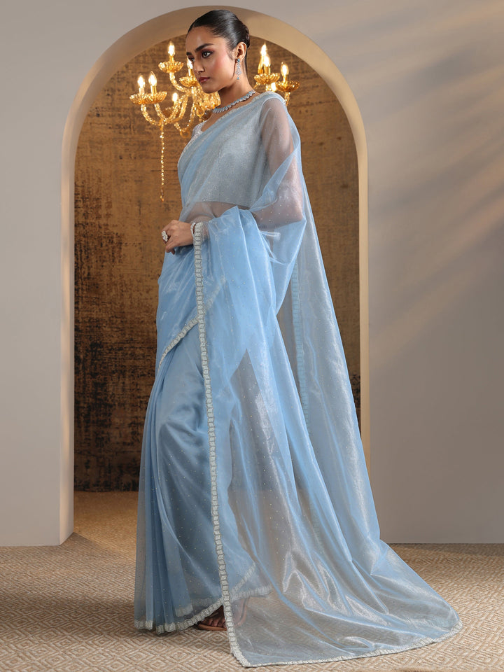 Blue Embellished Organza Saree With Unstitched Blouse Piece