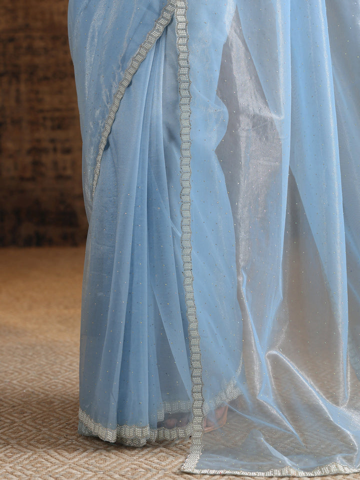 Blue Embellished Organza Saree With Unstitched Blouse Piece