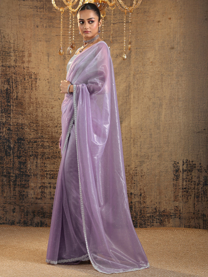 Lavender Embellished Organza Saree With Unstitched Blouse Piece