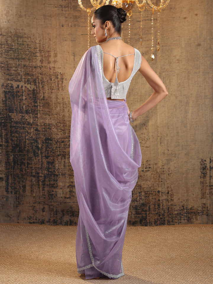 Lavender Embellished Organza Saree With Unstitched Blouse Piece