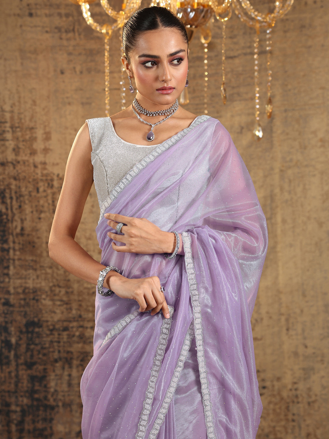 Lavender Embellished Organza Saree With Unstitched Blouse Piece