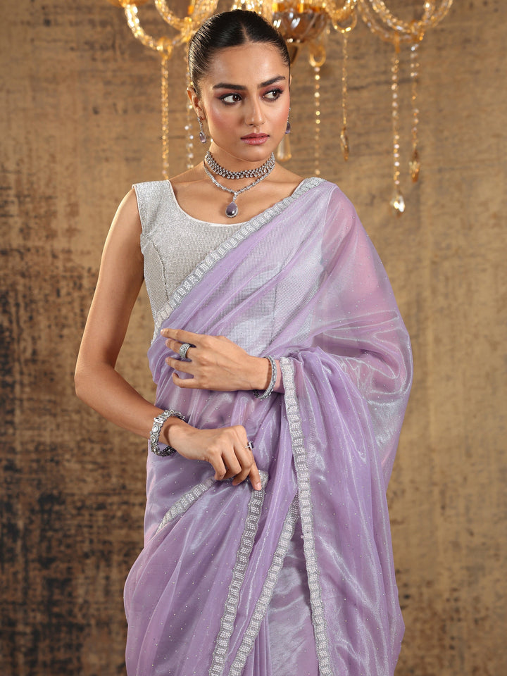 Lavender Embellished Organza Saree With Unstitched Blouse Piece