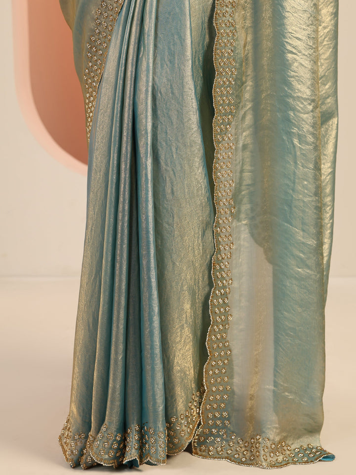 Teal Solid Satin Saree With Unstitched Blouse Piece