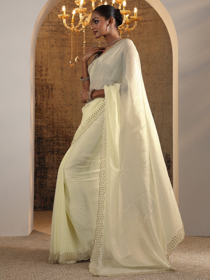 Off White Solid Jimmy Choo Satin Saree With Unstitched Blouse Piece